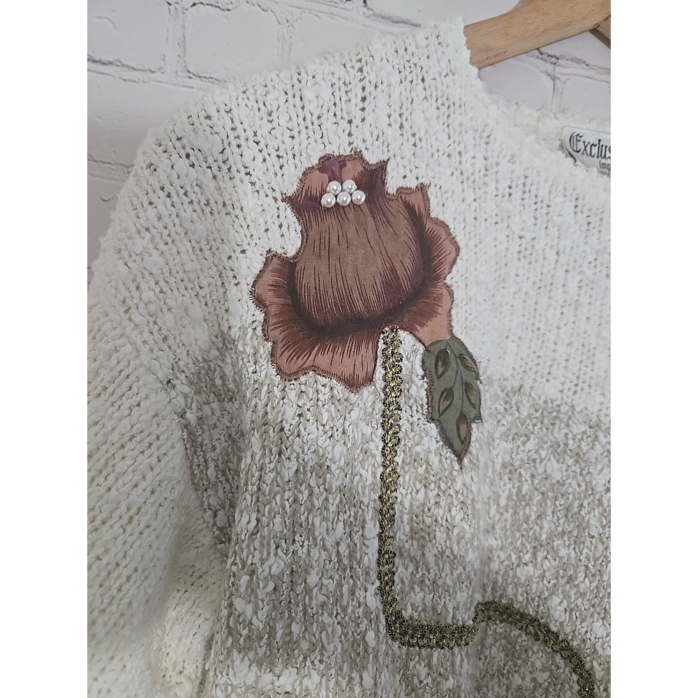 Vintage 80s Exclusive Imports Sz M Beaded Applique Sweater Cottagecore Grandma - Picture 3 of 11